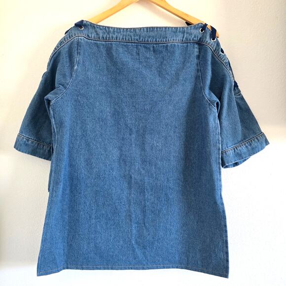 Anthropologie Maeve Denim Mini Dress Tunic Size M Shoulder Tie Boho Cottage - Picture 6 of 9
